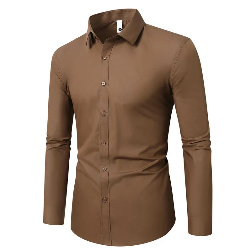 Men's loose long-sleeve linen shirt on a hanger, shown in a navy blue colour.
