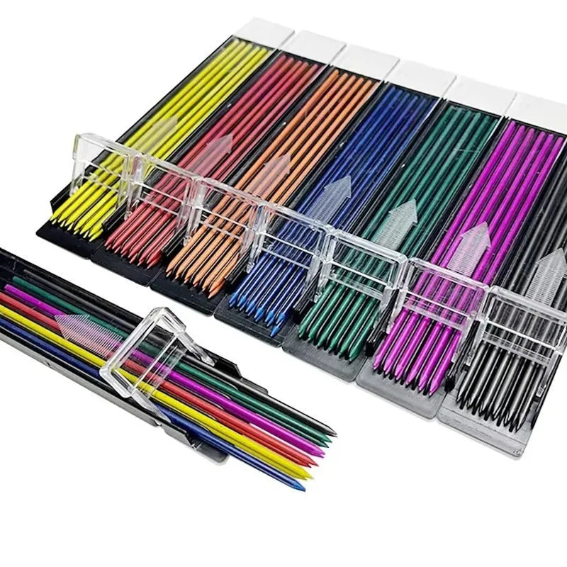 Box containing 12 multi-colour mechanical pencil lead refills for drawing and writing.