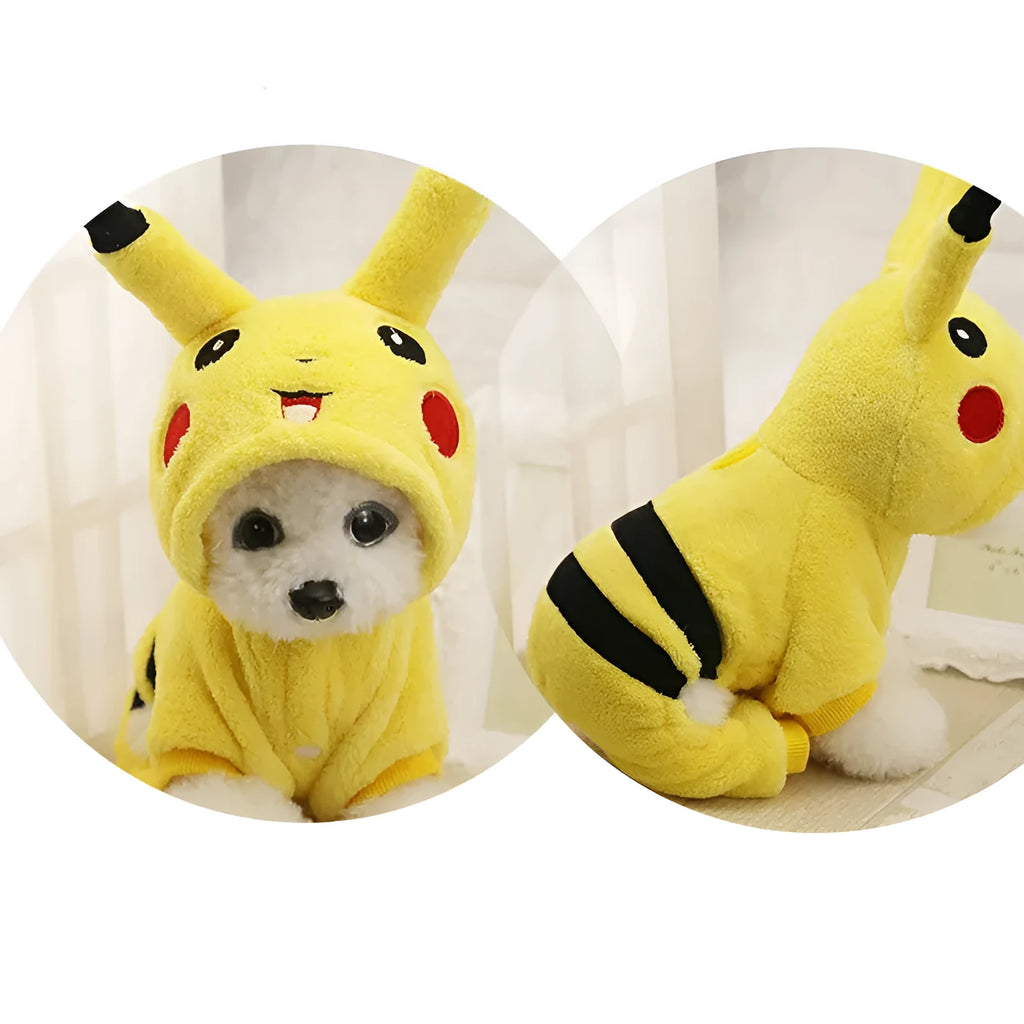 Fleece dog and cat coat for winter, available in sizes XS to XXL, shown as a costume and hoodie.