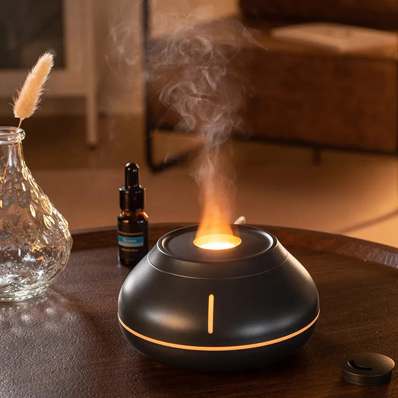 Desktop humidifier with colourful simulation flame LED light and aroma diffuser, black, USB powered, 130ml capacity