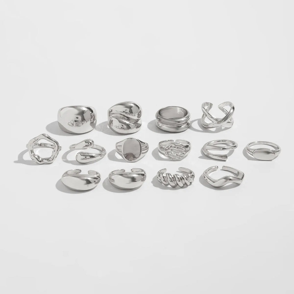 Set of 14 gold and white K geometric irregular alloy rings with open mouth adjustable design