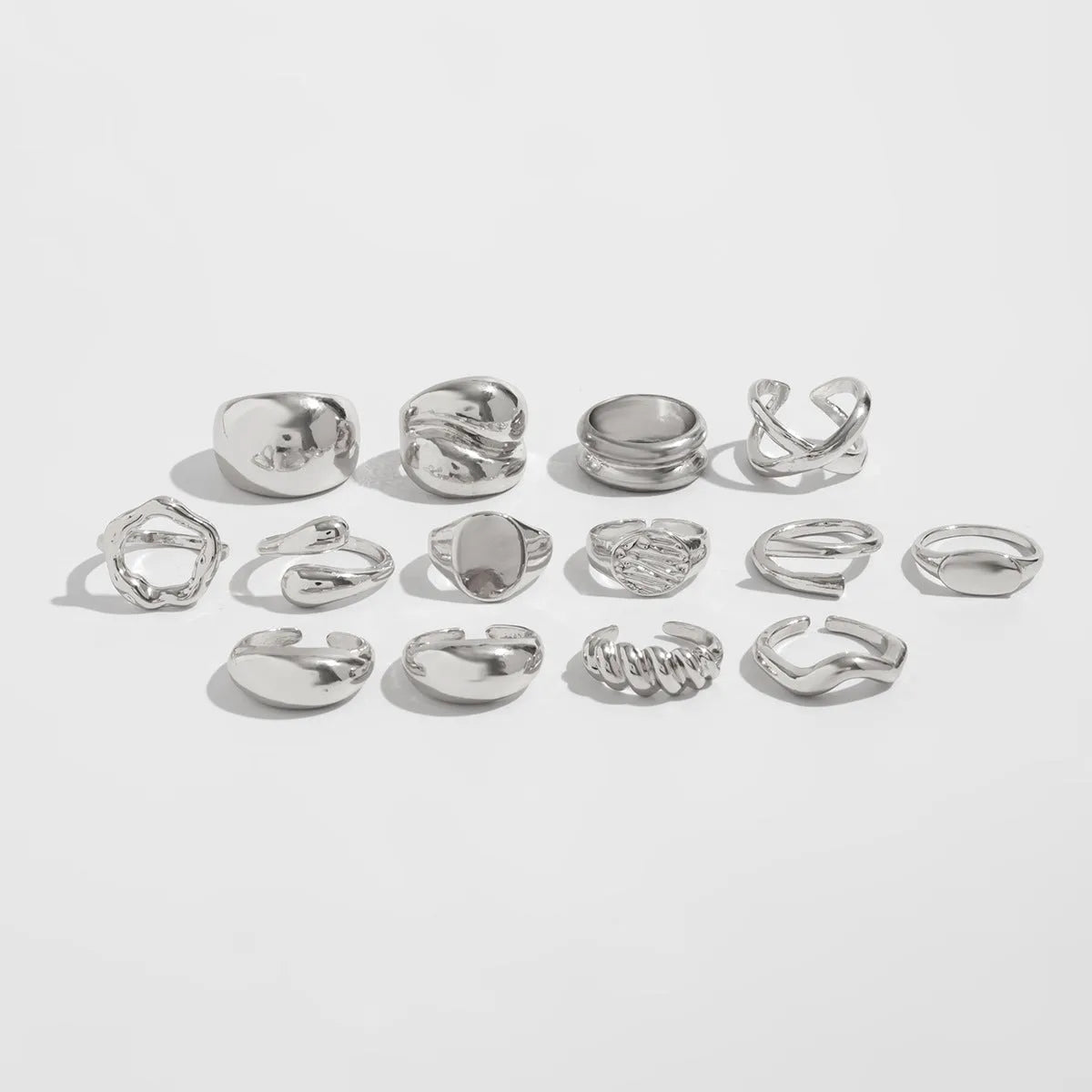 Set of 14 gold and white K geometric irregular alloy rings with open mouth adjustable design