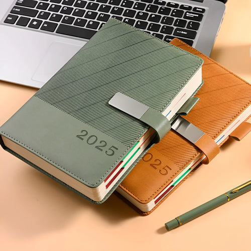 A4 notepad with striped PU leather cover open on 80g paper, showing 408 pages.