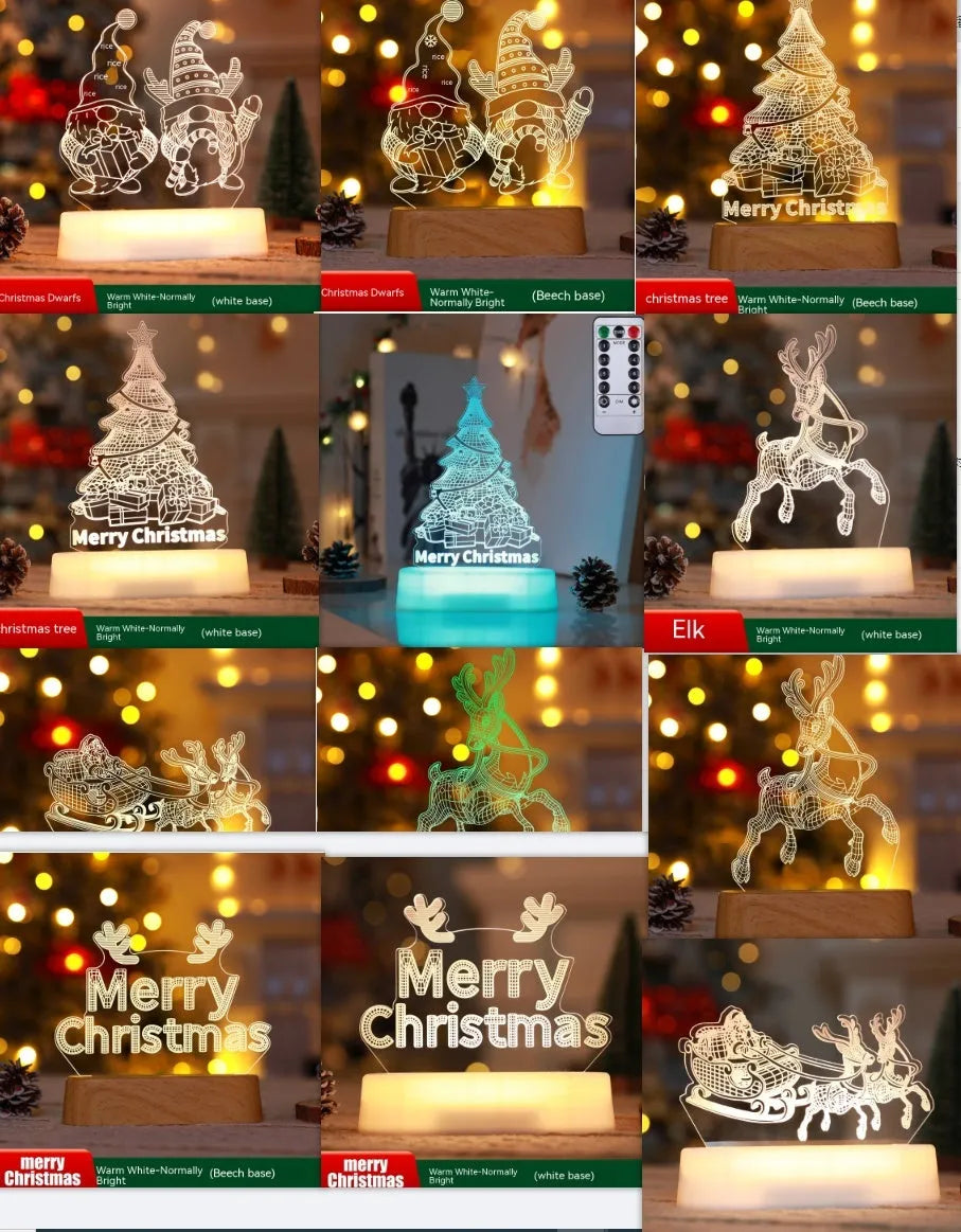3D acrylic Christmas LED decorative night light showing a choice of festive designs like trees and reindeer.