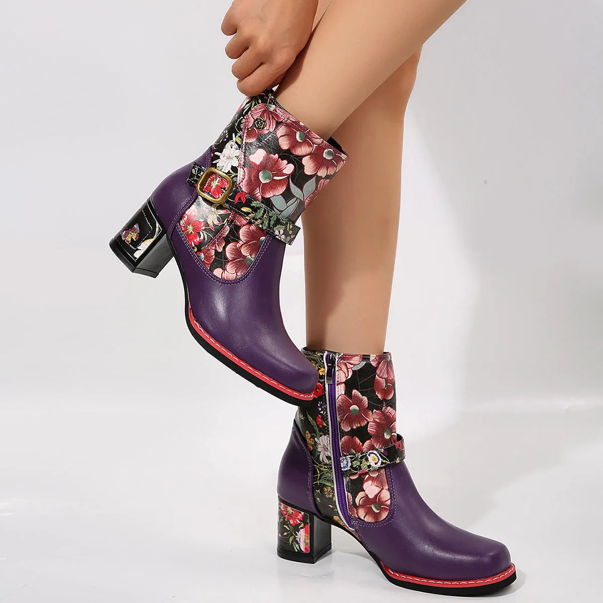 Women's printed stitching round head thick bottom bootie in artificial PU with rubber sole