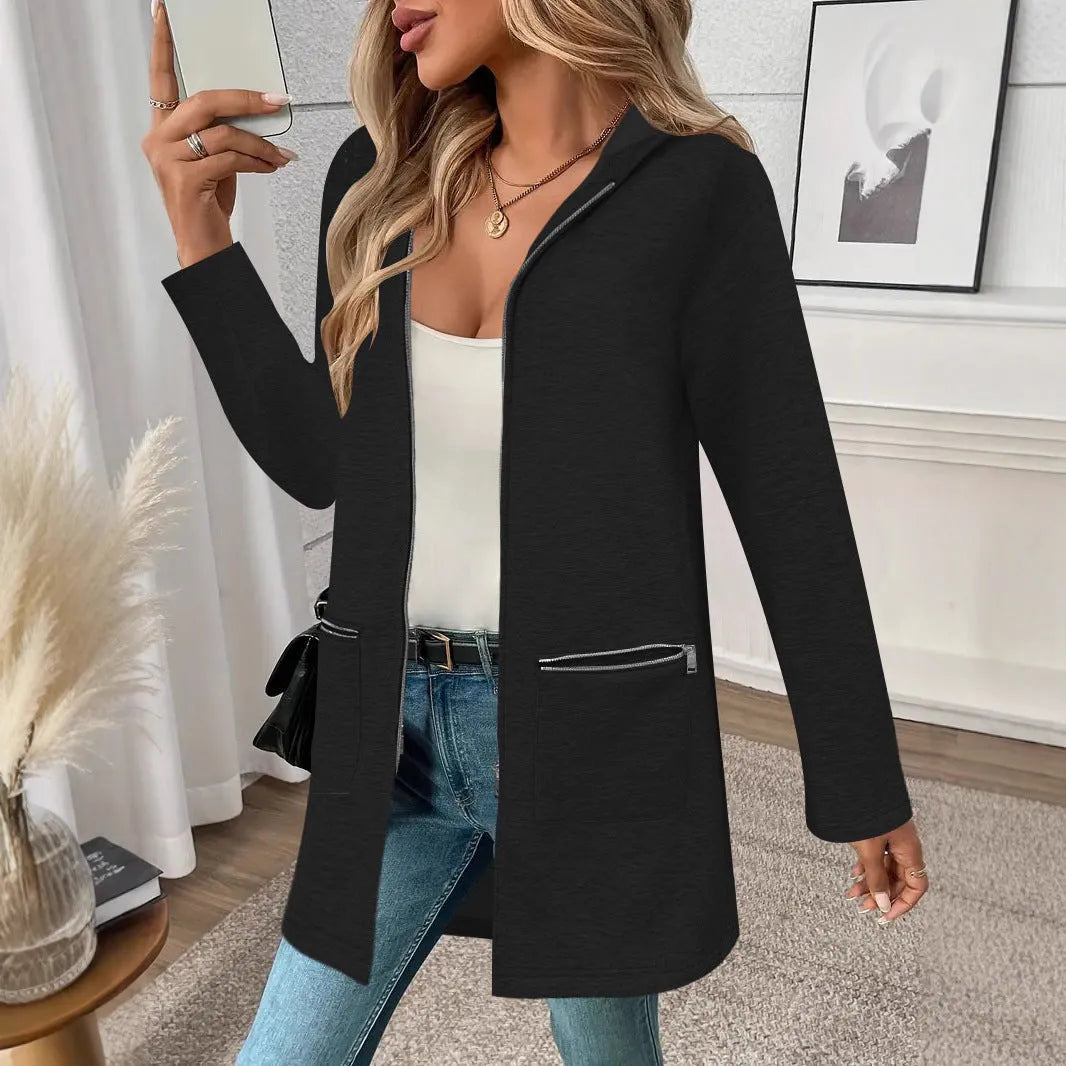 Women's loose fit mid-length cardigan coat in polyester with side pockets
