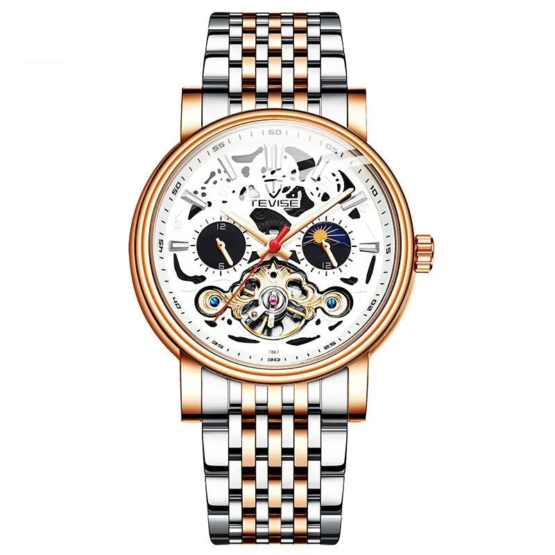 Men's mechanical tourbillon watch with luminous hands on leather strap