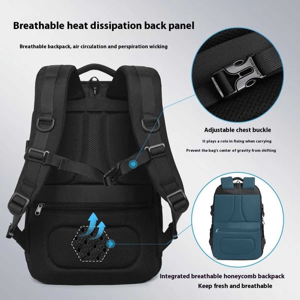 Black or light blue 20-35L waterproof Oxford cloth travel backpack with 15.6 inch size and curved shoulder straps