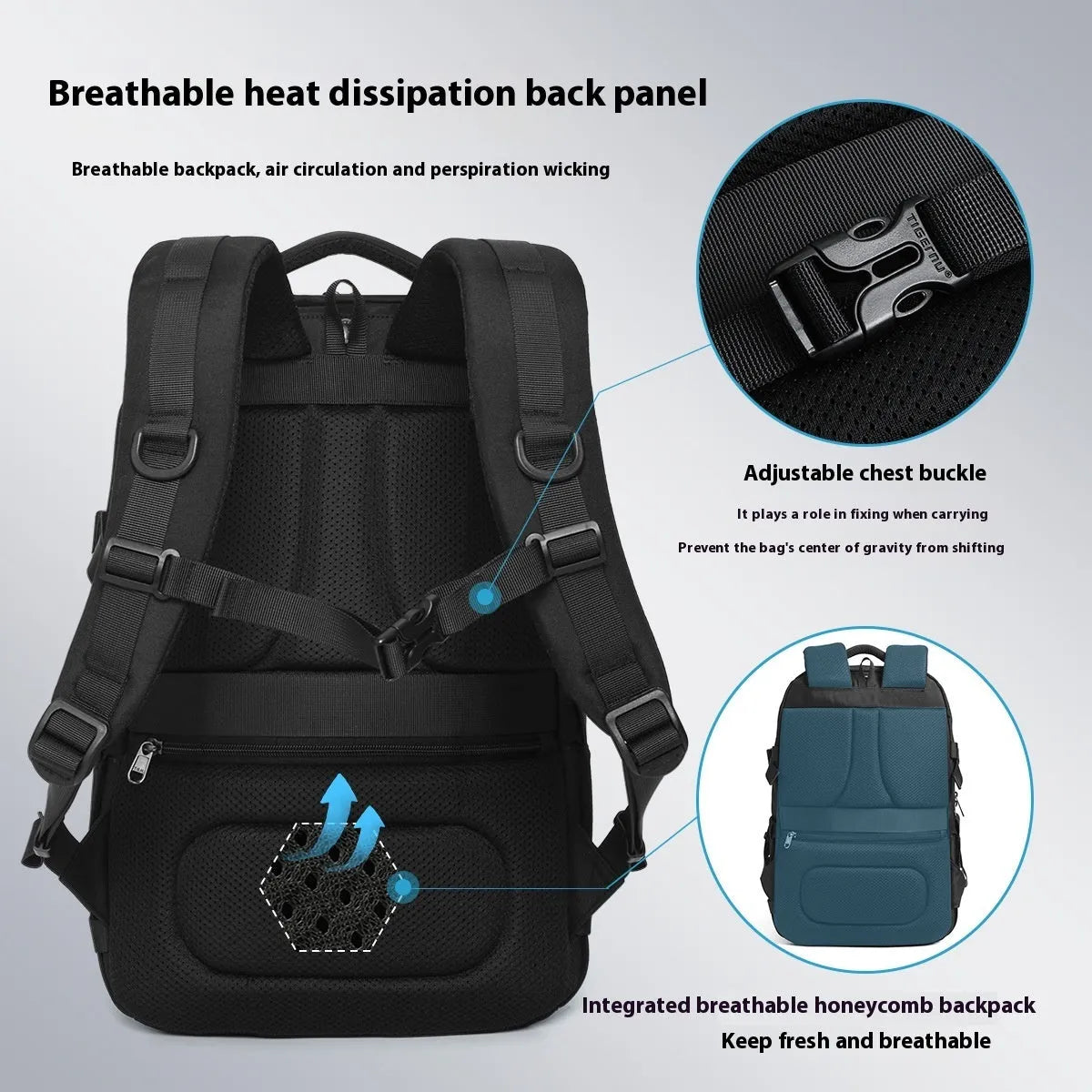 Black or light blue 20-35L waterproof Oxford cloth travel backpack with 15.6 inch size and curved shoulder straps