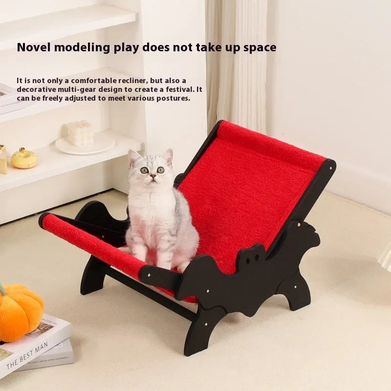 Black and red Halloween themed wooden cat recliner bed with bat decorations