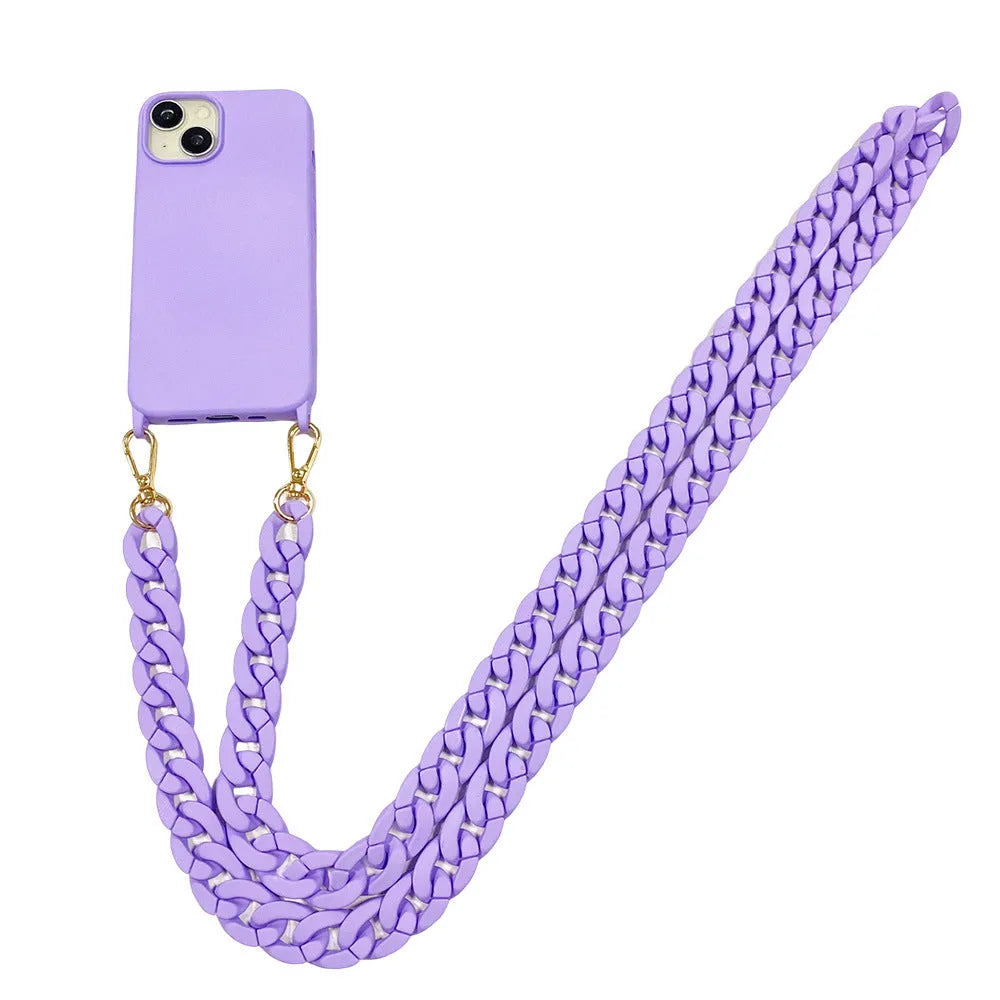 Frosted chain phone cover with slung shoulder strap for iPhone, liquid silicone, pink purple black