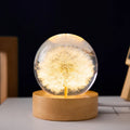 3D dandelion crystal ball USB night light on a beech wood base, 6cm diameter