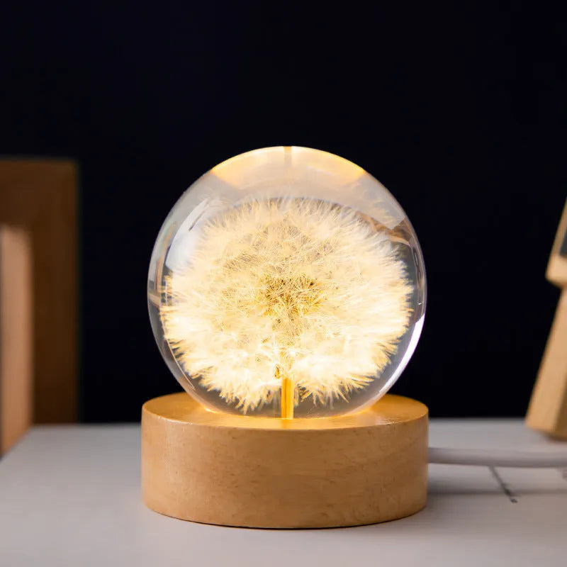 3D dandelion crystal ball USB night light on a beech wood base, 6cm diameter