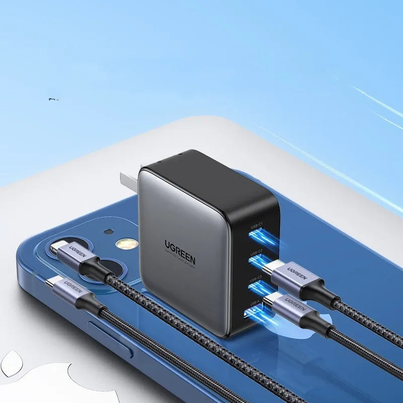 100W Gallium Nitride GaN multi-port USB-C fast charger plug on a table