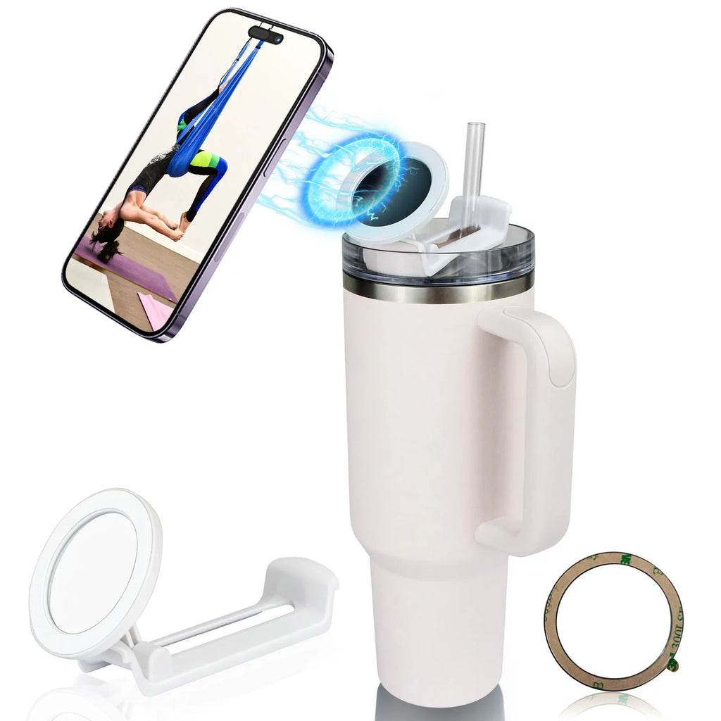 Water cup mobile phone holder in pink, black, or white plastic with magnetic universal bracket design