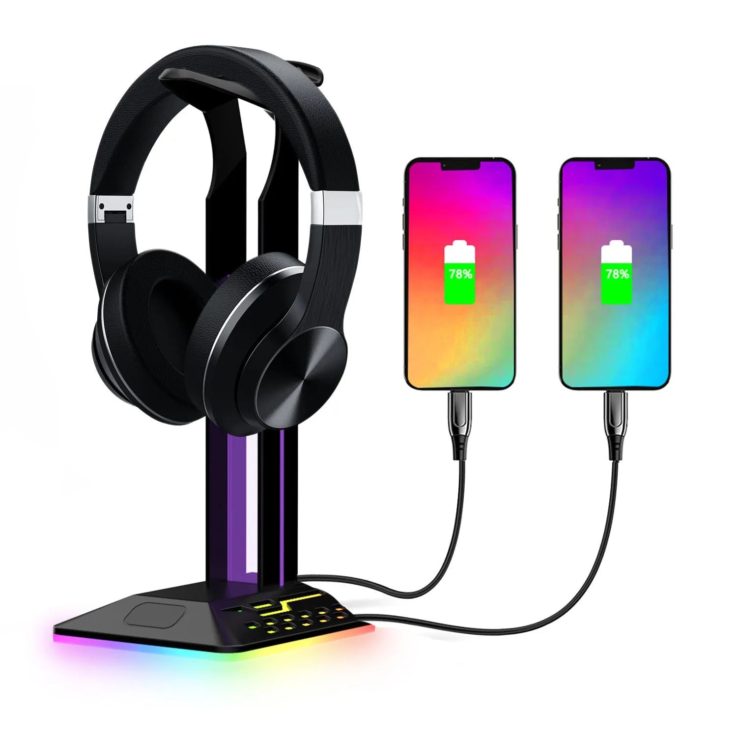 RGB LED headphone display stand with dual USB ports in front, shown in acrylic black finish.
