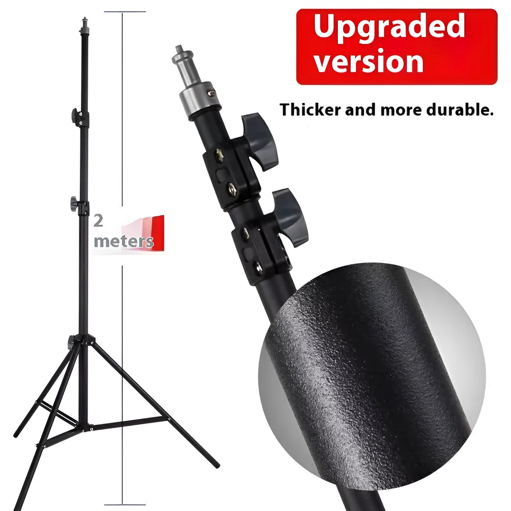 Frosted tripod light stand with mobile phone holder mounted, showing carbon steel construction