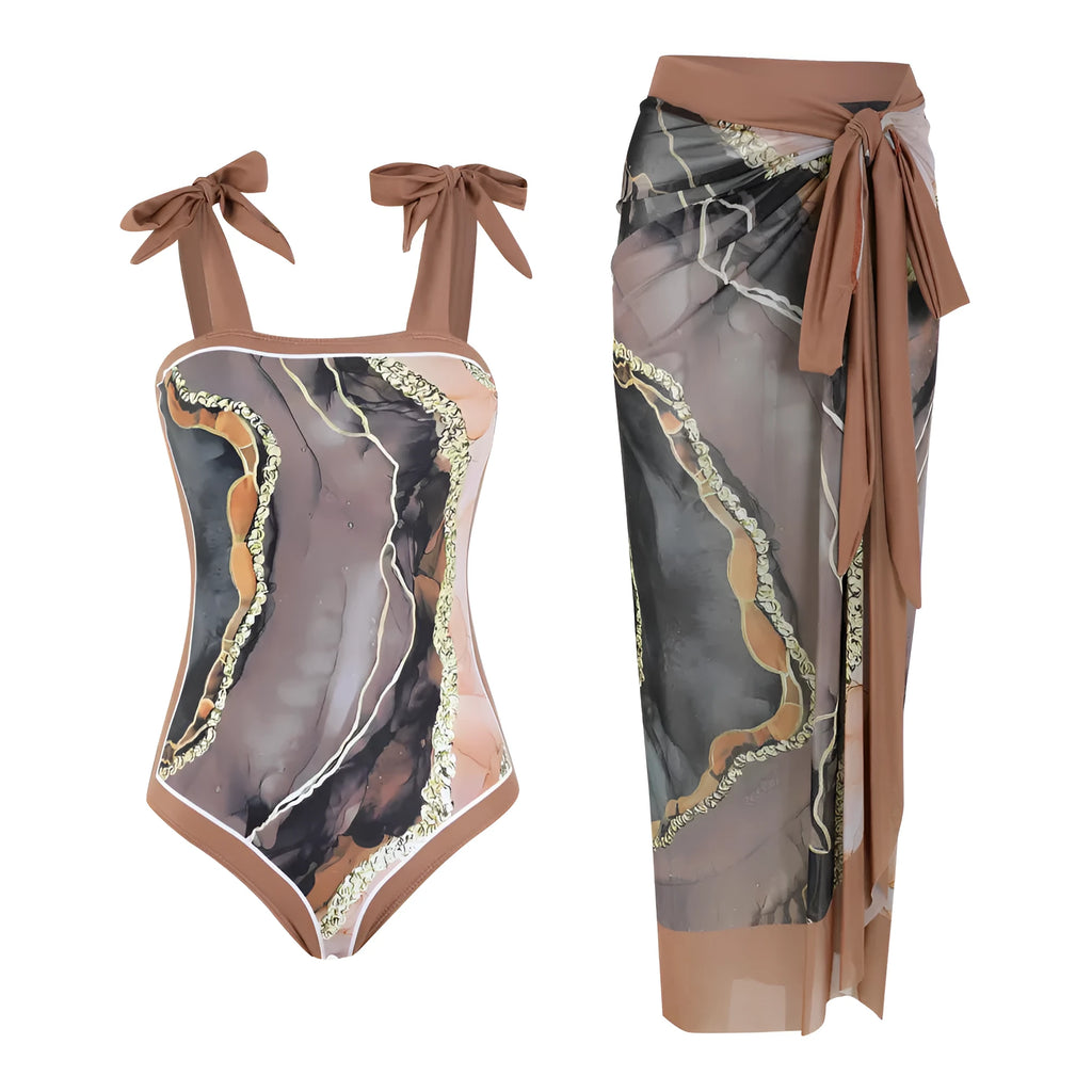 Floral pattern one-piece swimsuit with mesh tube top and matching skirt in brown print