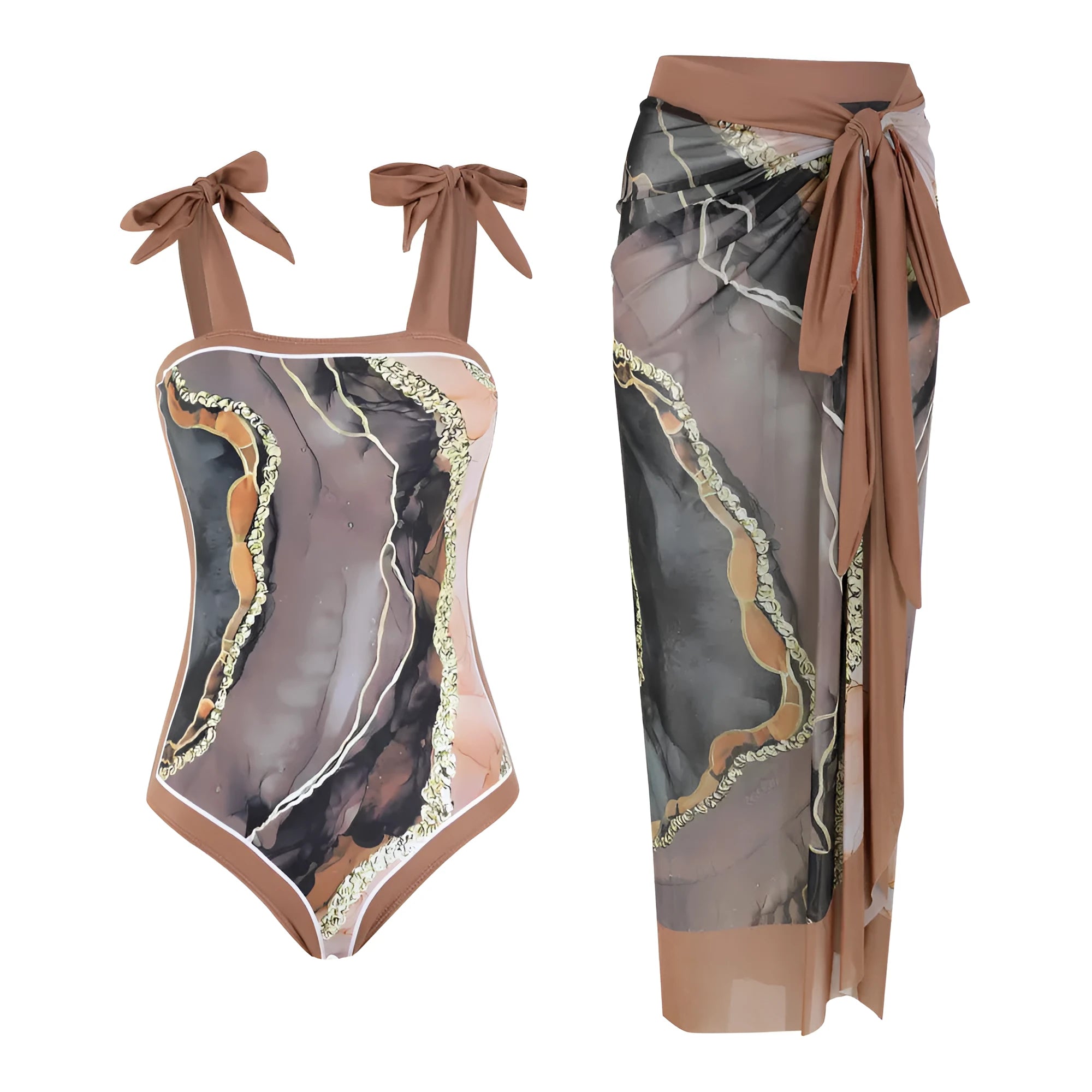 Floral pattern one-piece swimsuit with mesh tube top and matching skirt in brown print