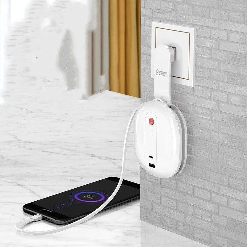 Two-in-one power bank with plug socket showing white aluminium shell and 10000mAh capacity