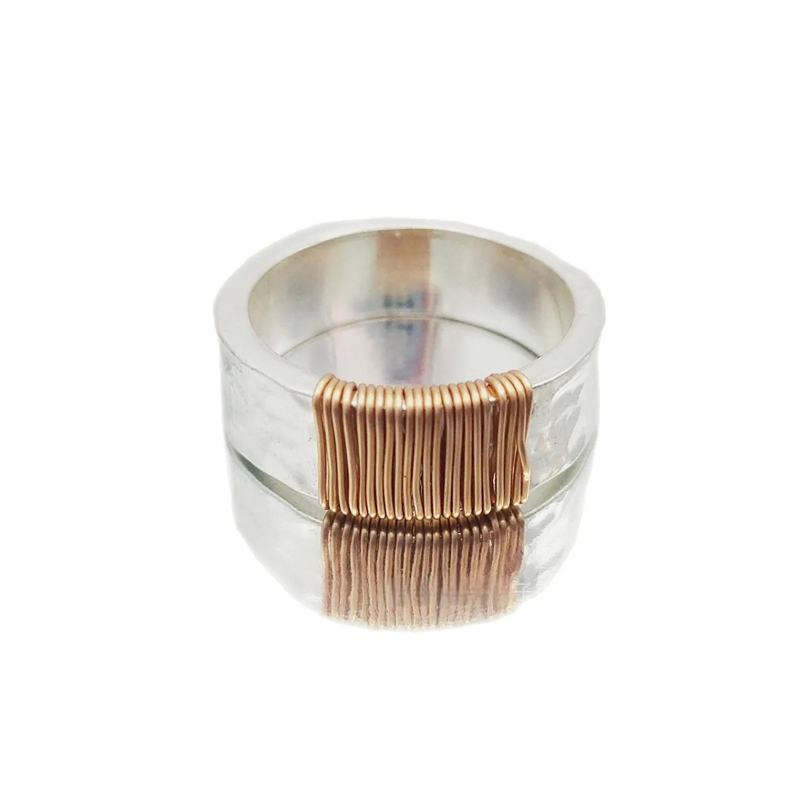 Copper unisex geometric ring with irregular coil design, silver gold electroplated finish, wide face, sizes 5 to 11