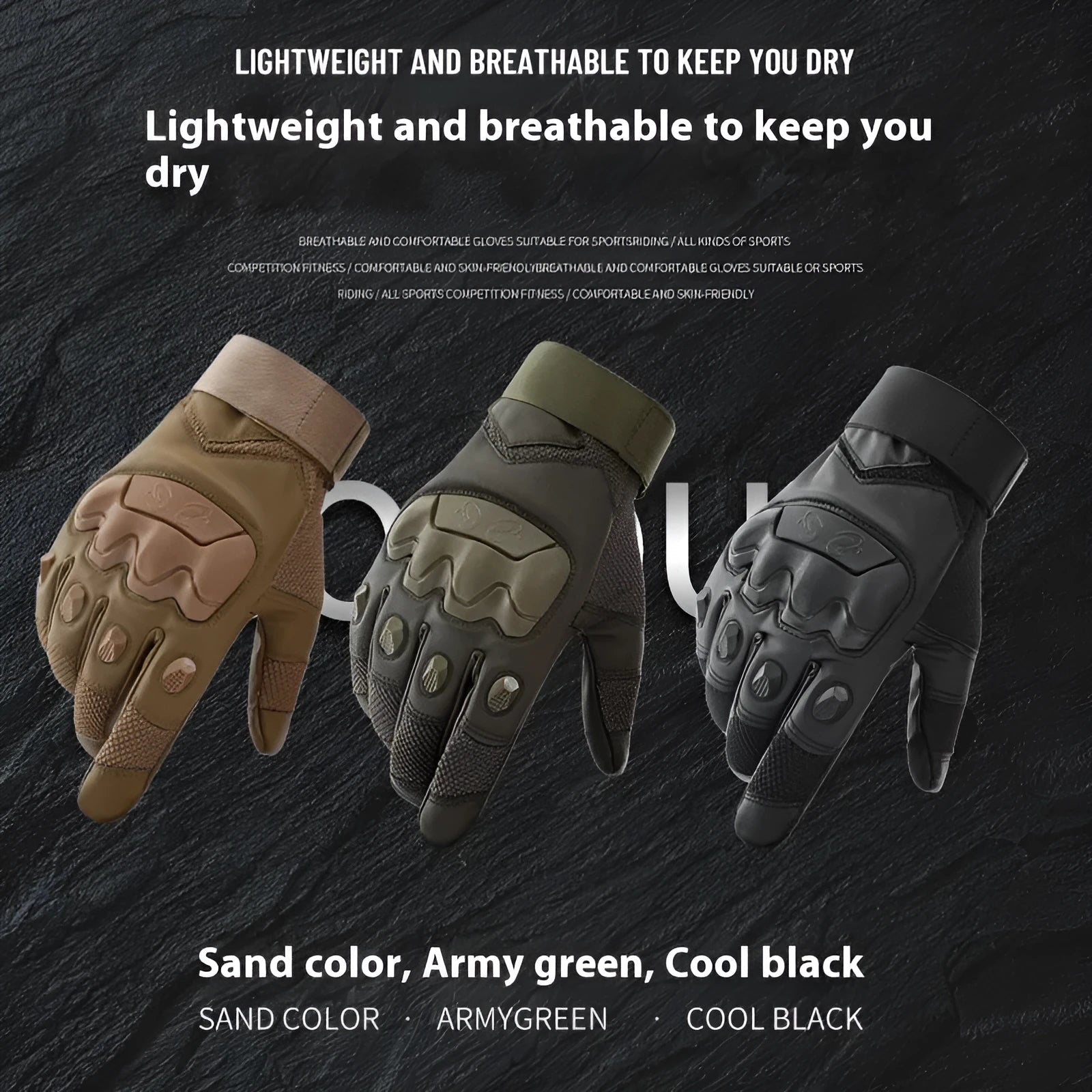 Men's black tactical training gloves with touch screen fingertips and breathable fabric construction