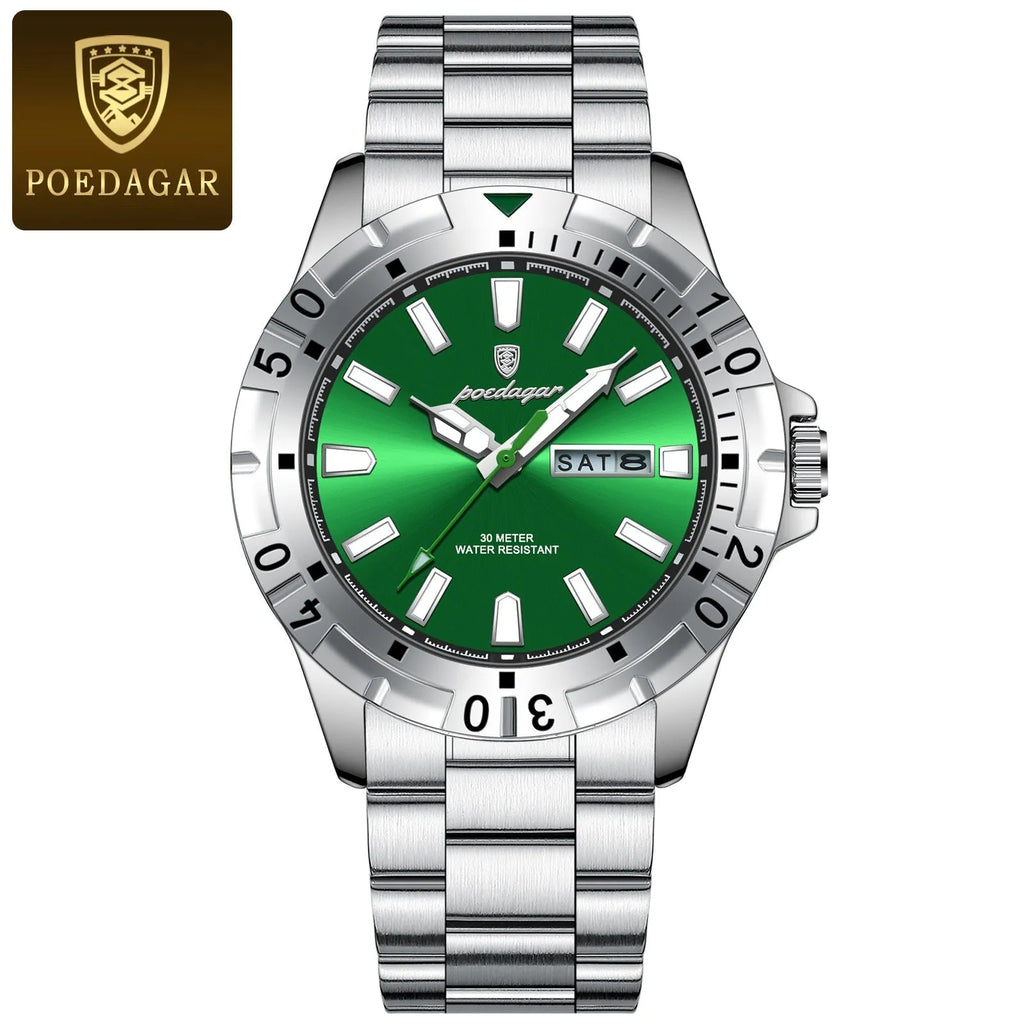 Swiss men's waterproof luminous watch with steel bracelet in gold or silver case colours