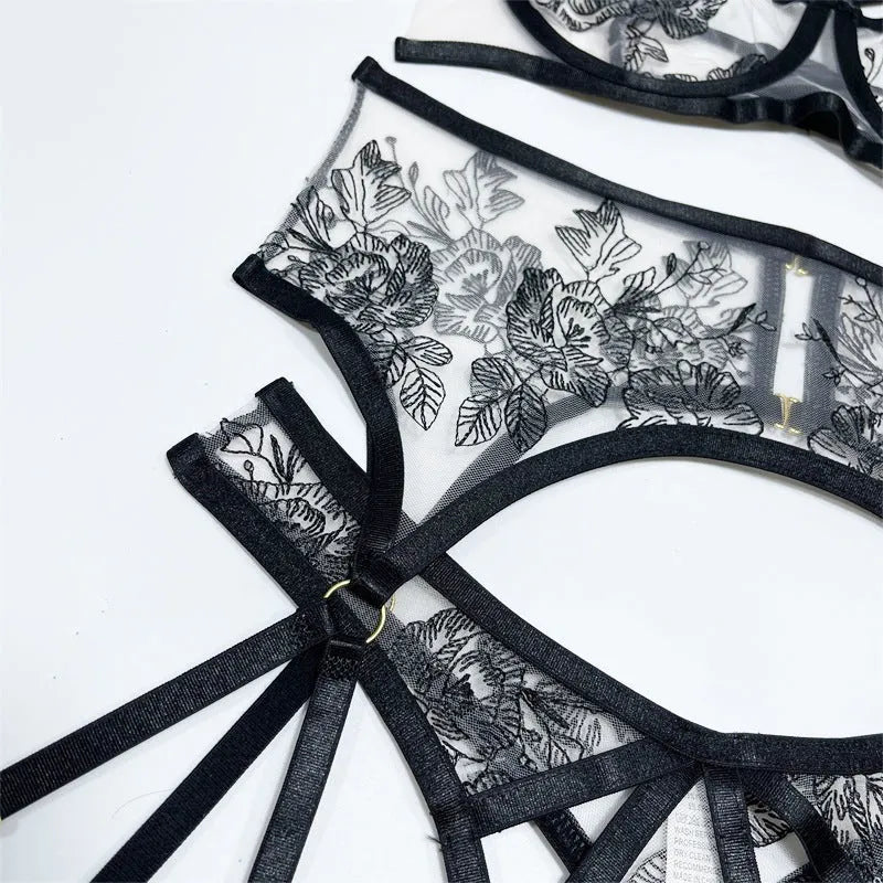 Black lace mesh three-piece set with floral print including top, pants and waist ring