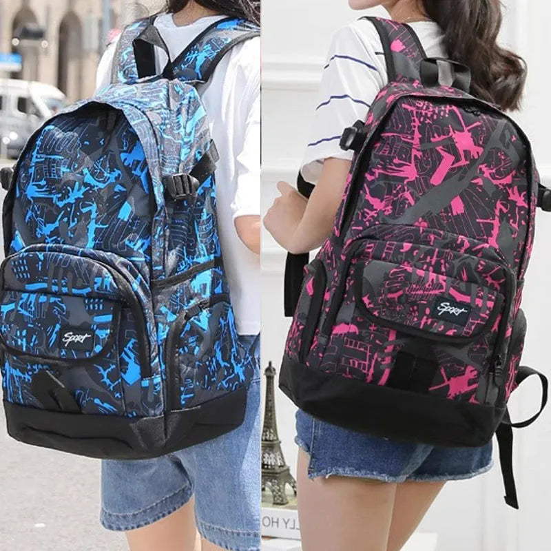 Blue and red classic nylon backpacks showing large capacity design for travel and school use