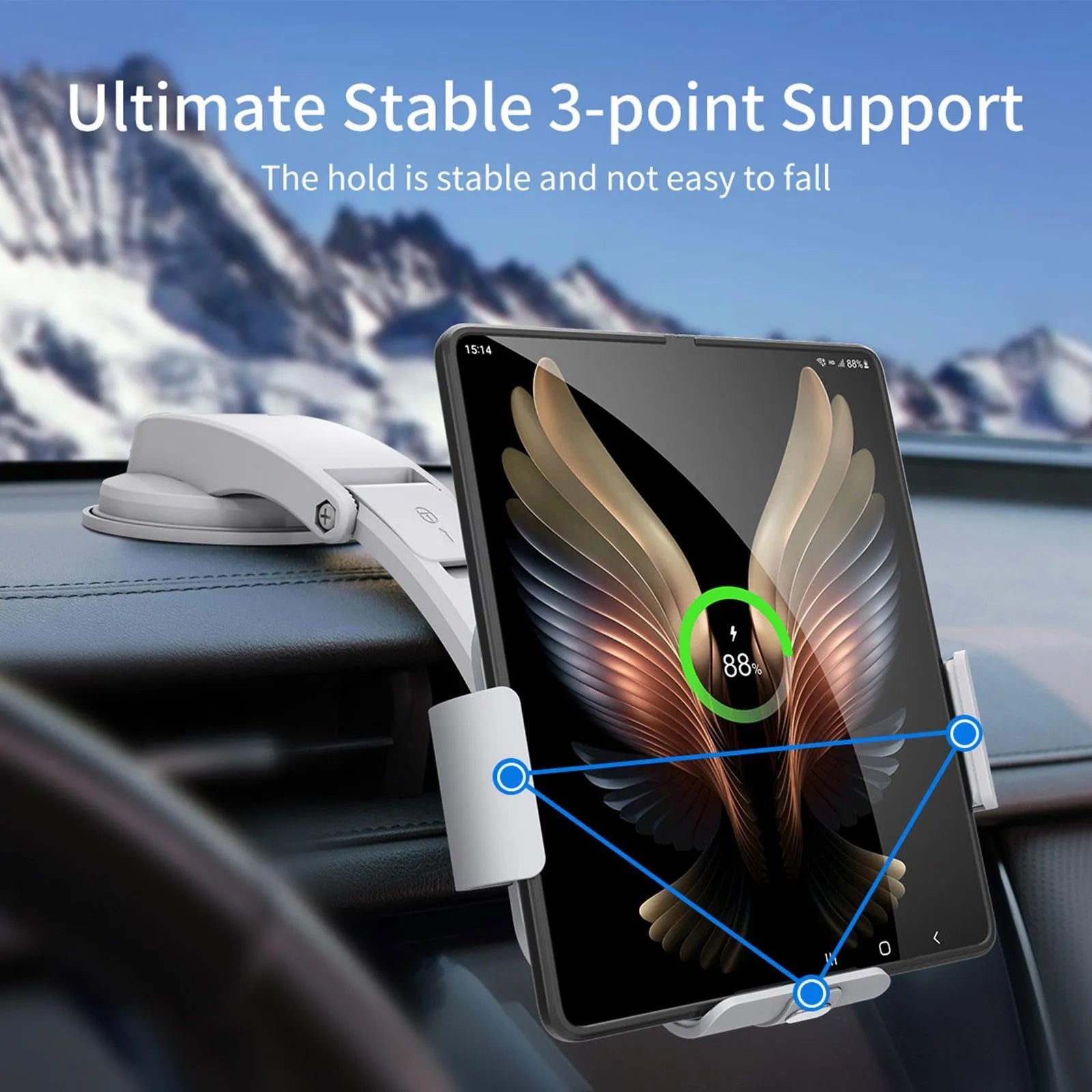 Grey folding screen car phone holder with wireless charging showing air conditioner clip and suction cup mounting options