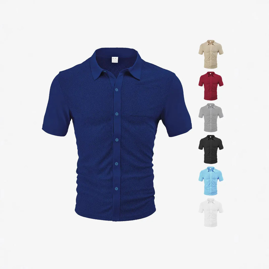 Loose breathable lapel cardigan with jacquard short sleeves in white, navy blue, black, burgundy, khaki, hemp gray, or light blue.