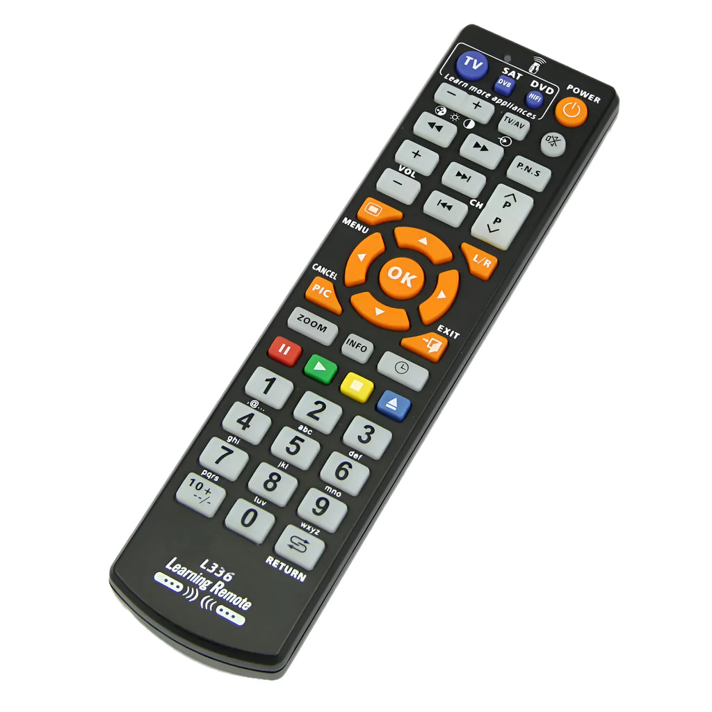 Black L336 full key universal learning remote control on a white background.