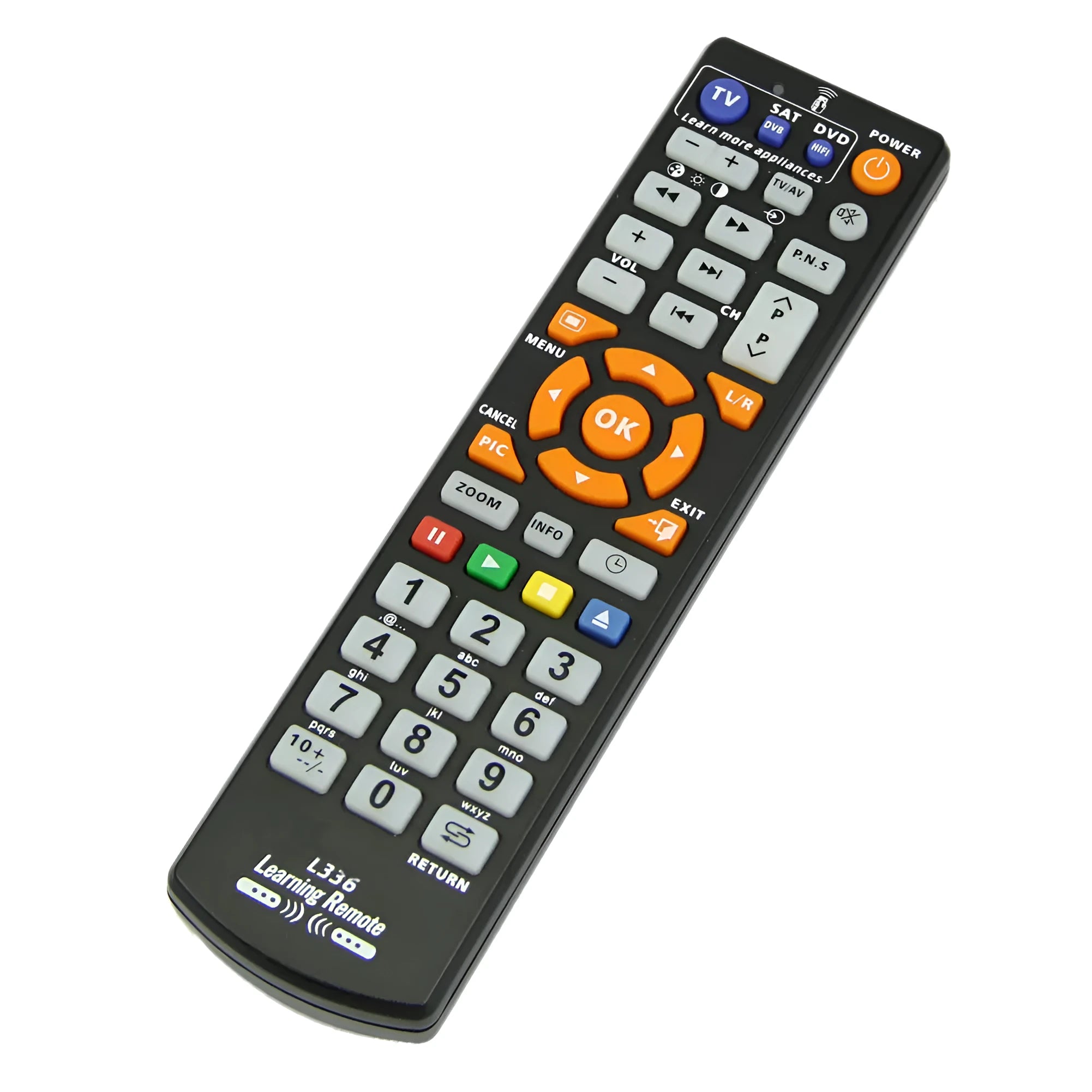 Black L336 full key universal learning remote control on a white background.