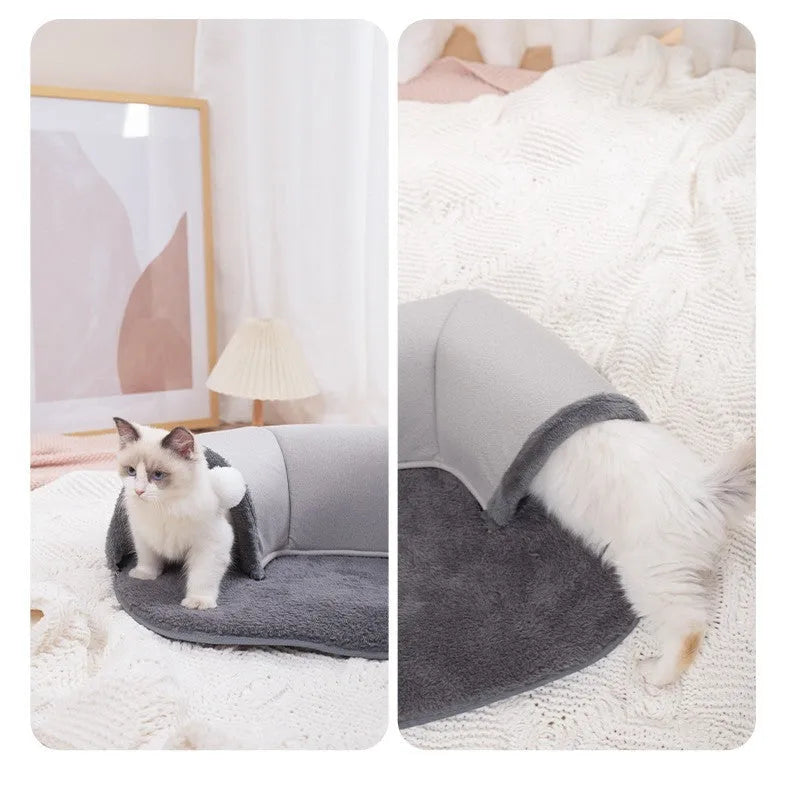 Oval cat nest tunnel in black and grey plush artificial leather and cotton velvet for indoor cats