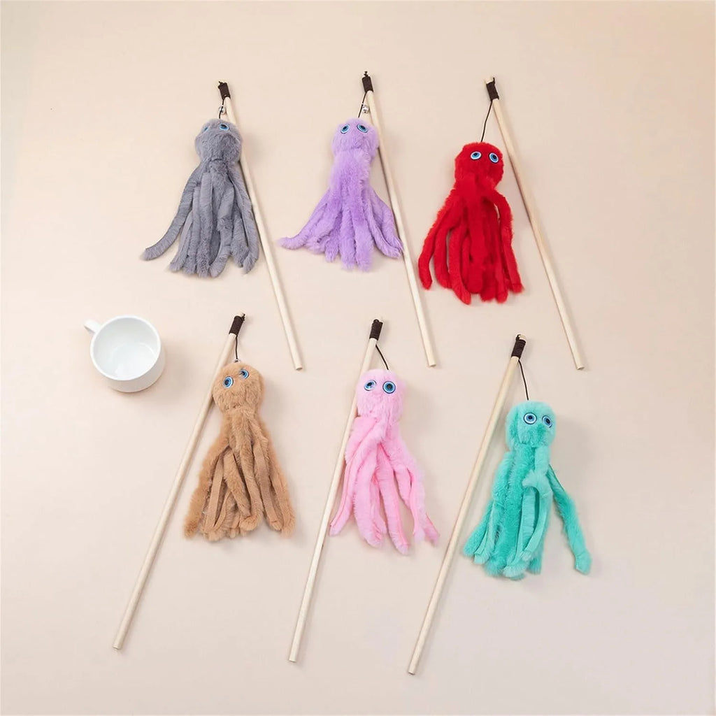 Indoor octopus cat toy with long stick for kittens and adult cats in four colour options