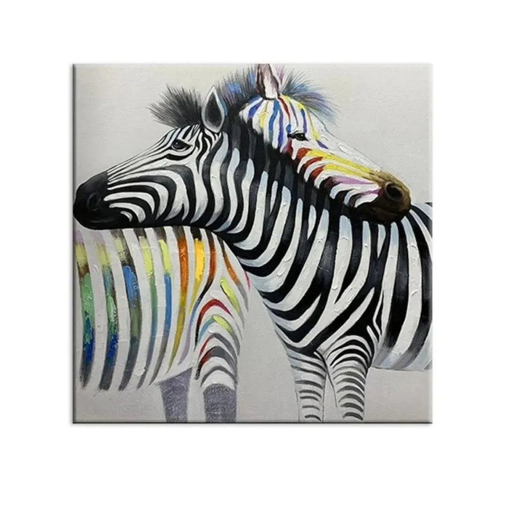 Handmade oil painting on canvas of colourful couple zebras, square frameless wall art for living room or bedroom