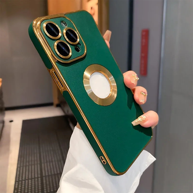 Imitation leather hollow-out electroplated phone case for Apple iPhone in dark purple colour