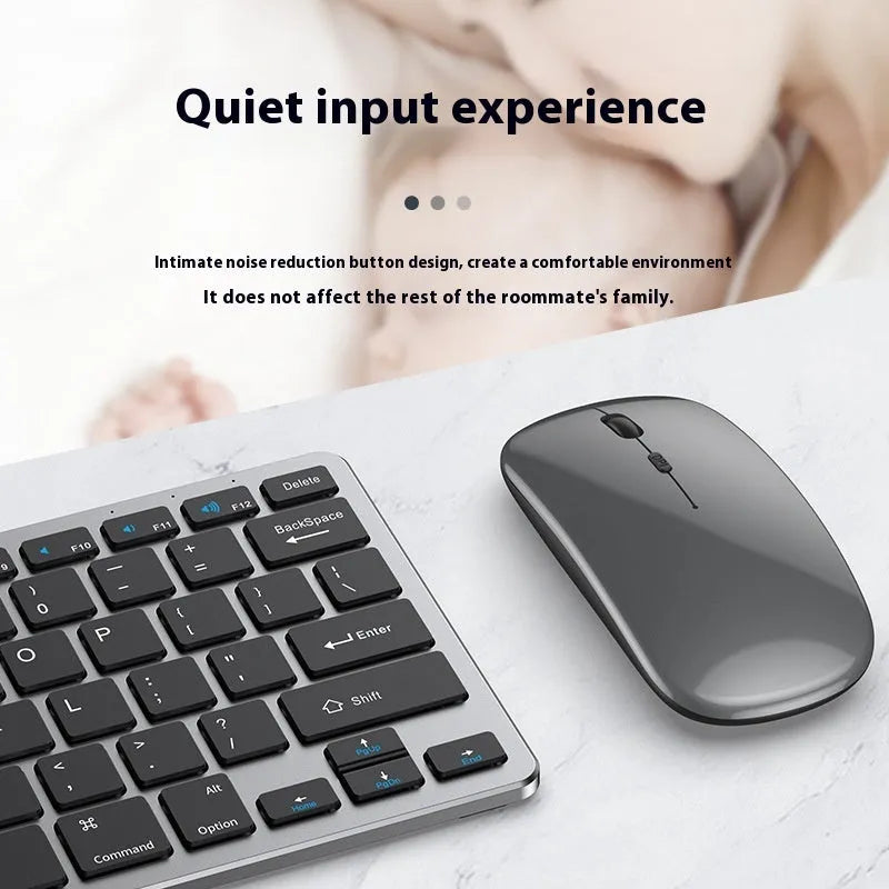 Ultra-thin wireless keyboard and mouse combo in black, gun colour, or silver with USB receiver and protective cover.
