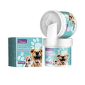 Dog cleaning glove for tartar removal with finger muffs, shown with box, size 7.6 by 8.8 centimetres.