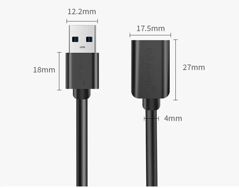 Black USB 3.0 and 2.0 male to female extension cable showing connector details and length options