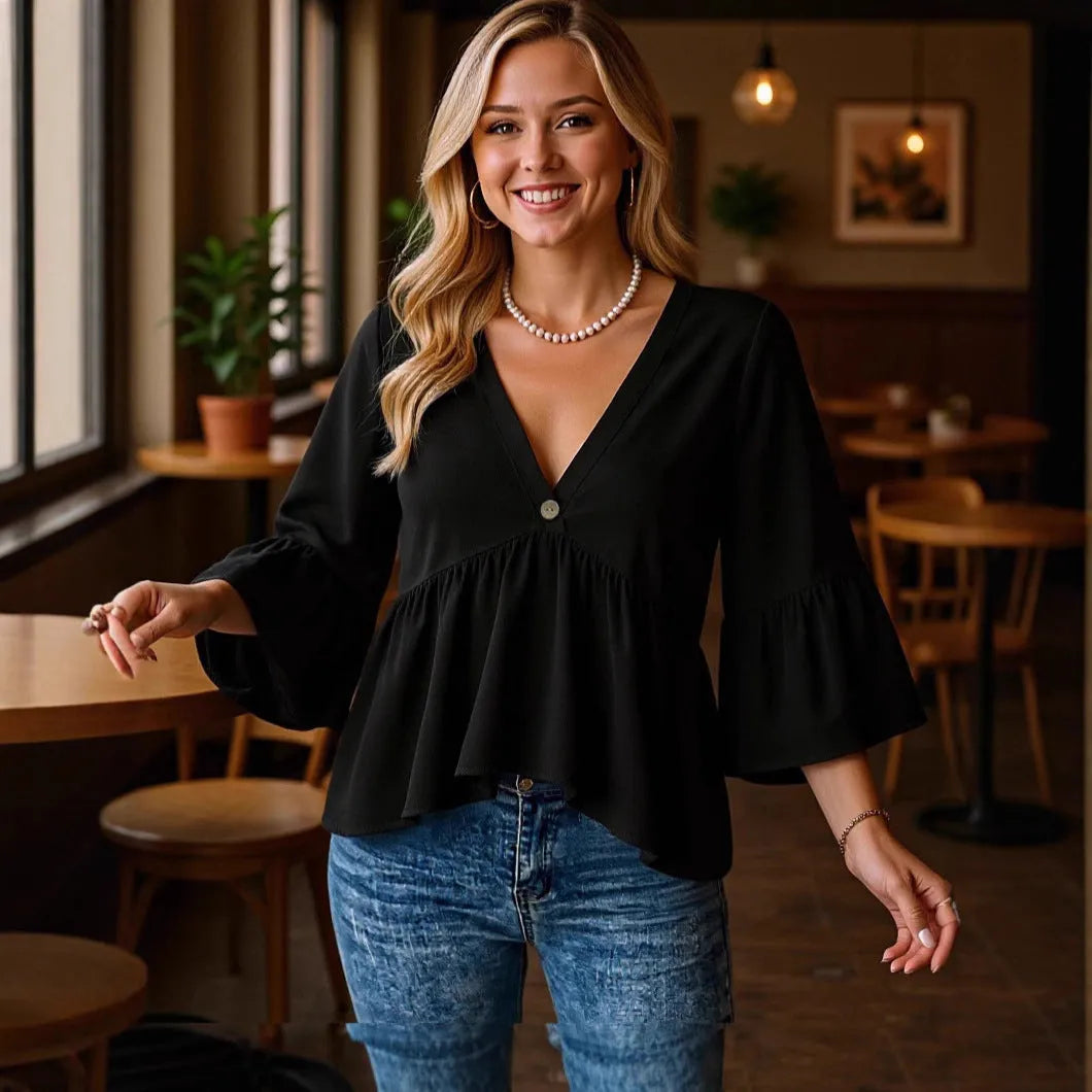 Women's black solid colour casual shirt with three-quarter flared sleeves and pleated detail, sizes S to 2XL.