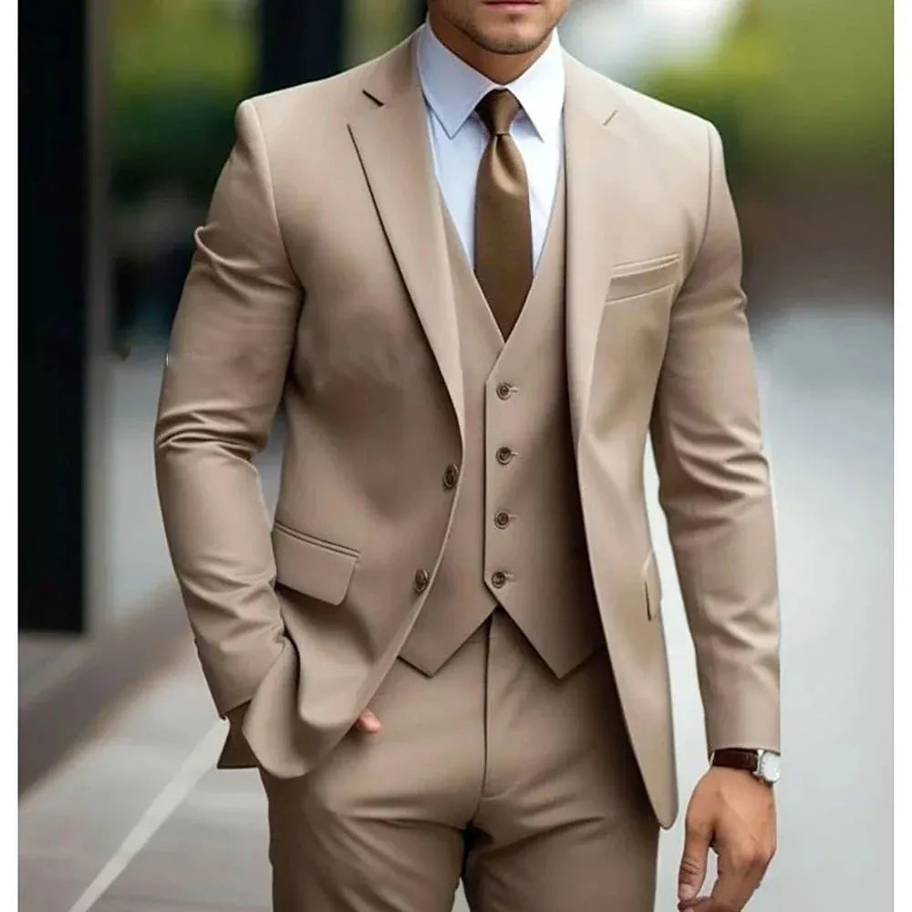 Men's three-piece slim fit wedding suit in champagne with coat, vest, and trousers