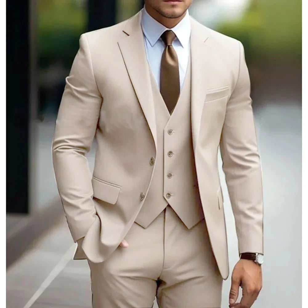 Men's three-piece slim fit wedding suit in champagne with coat, vest, and trousers