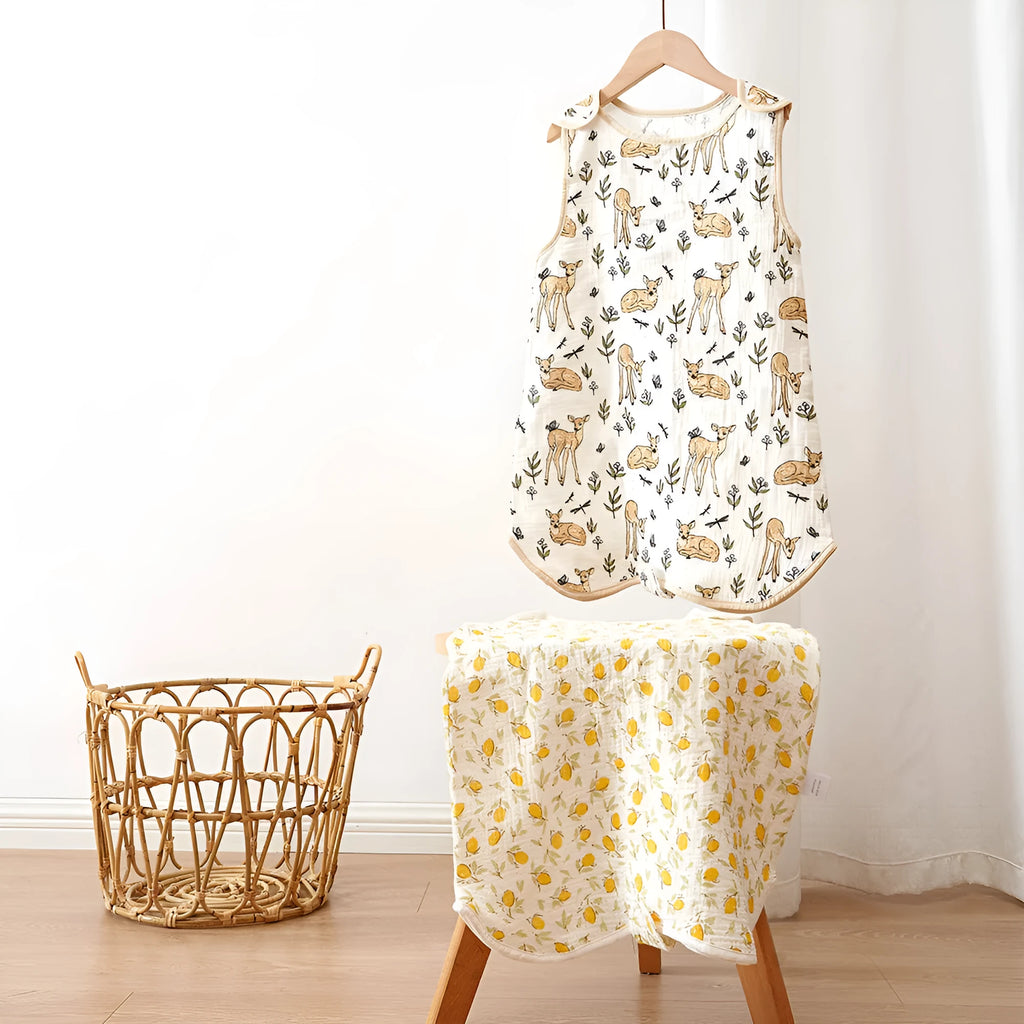 Simple printed baby sleeveless cotton gauze sleeping bag in vest style, 120cm length, pure cotton fabric