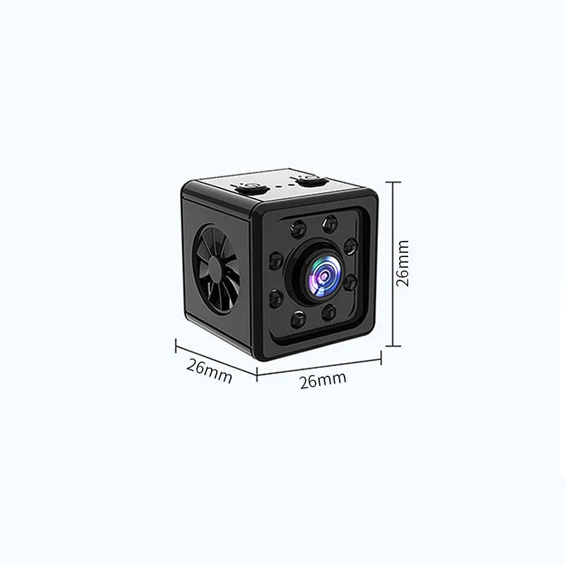 Black cubic K13 remote network sports camera on a mounting bracket with data cable