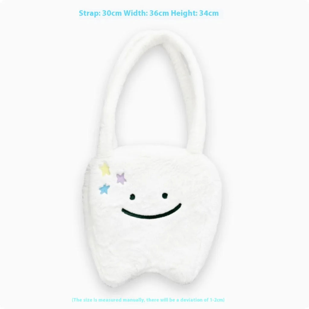 White plush large tooth shoulder tote bag with cute teeth design and crossbody strap