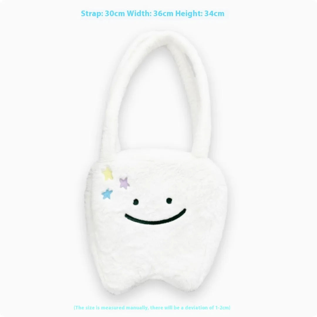 White plush large tooth shoulder tote bag with cute teeth design and crossbody strap