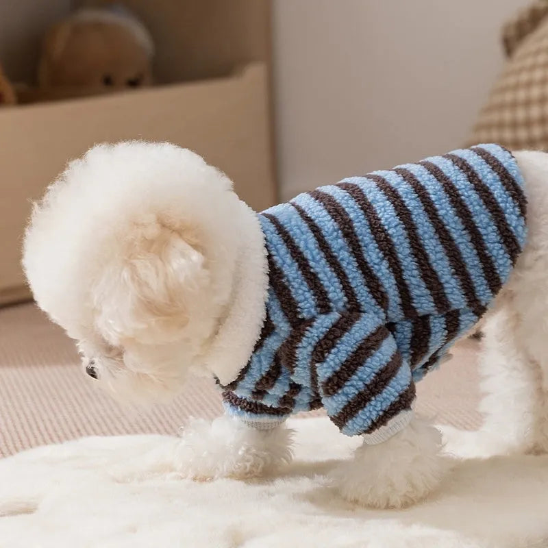 Soft plush blue-brown striped pet shirt button-down front on small dog warm winter fleece puppy sweater