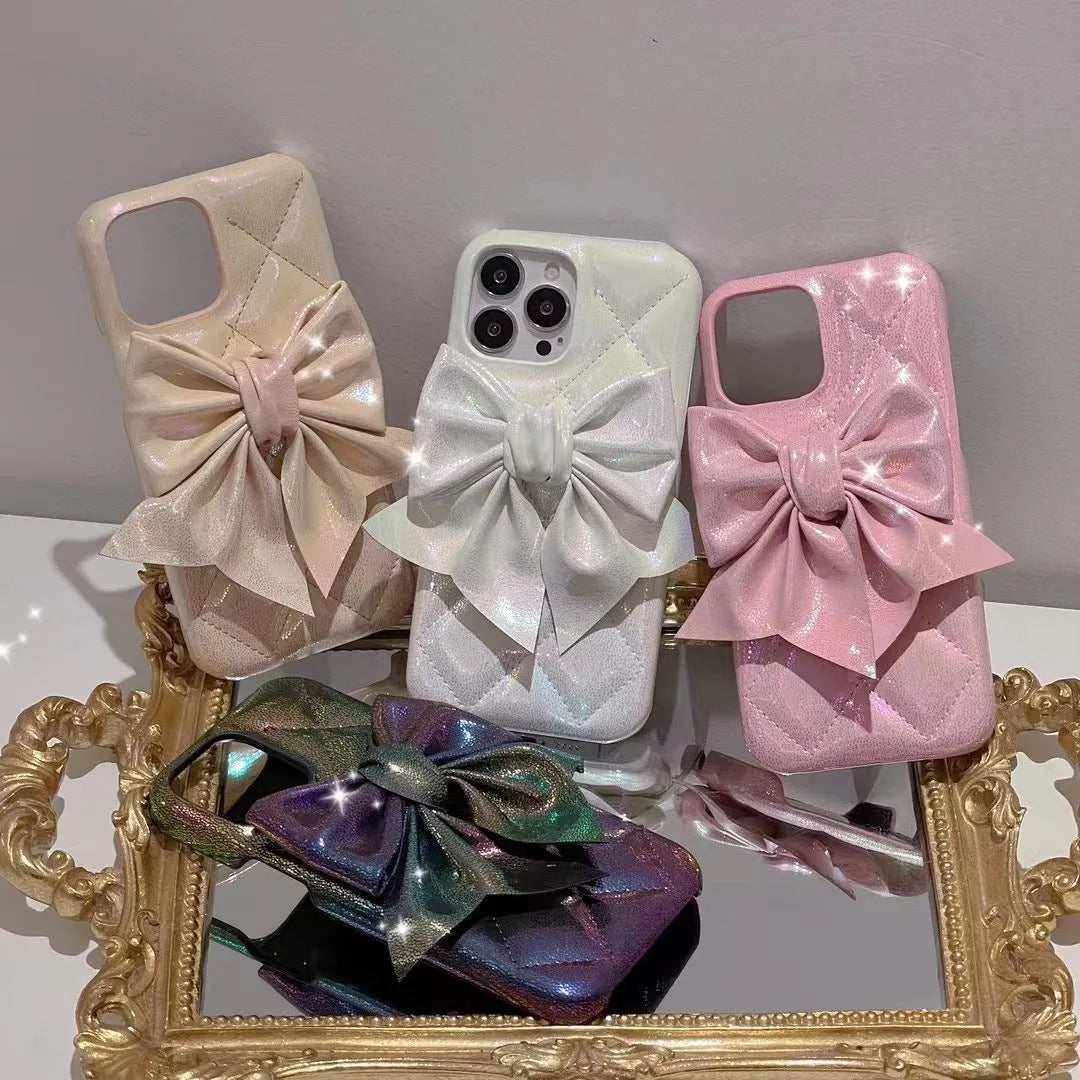 White bow phone case with fall protection, leather-style finish, compatible with iPhone 12-14 Pro Max