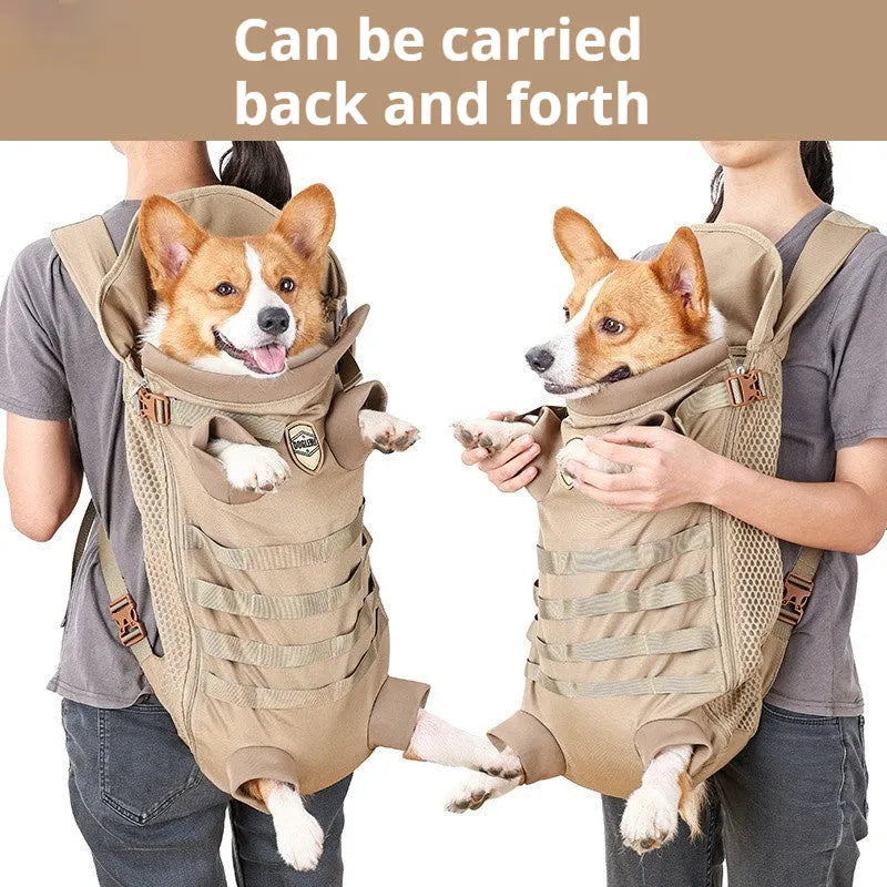 Khaki polyester breathable pet backpack carrier for medium dogs, available in sizes M and L